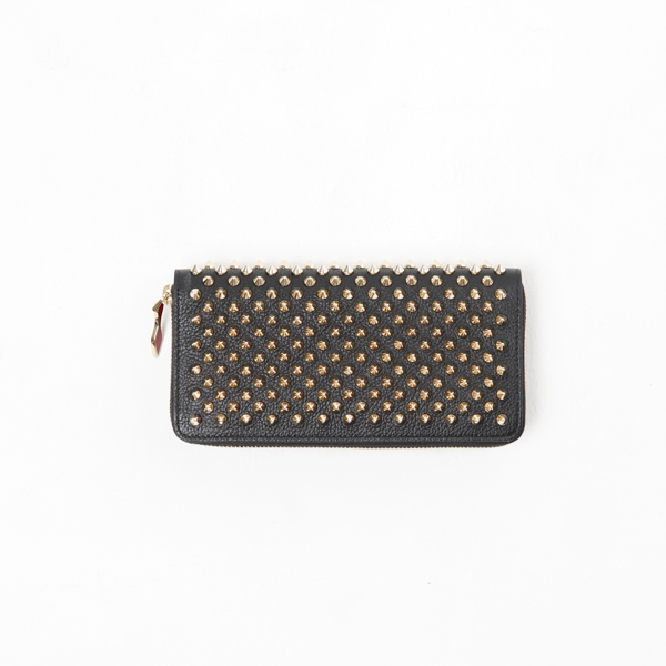 Auth Christian Louboutin Panettone Black Leather Spikes Round Zip Wallet  #9456