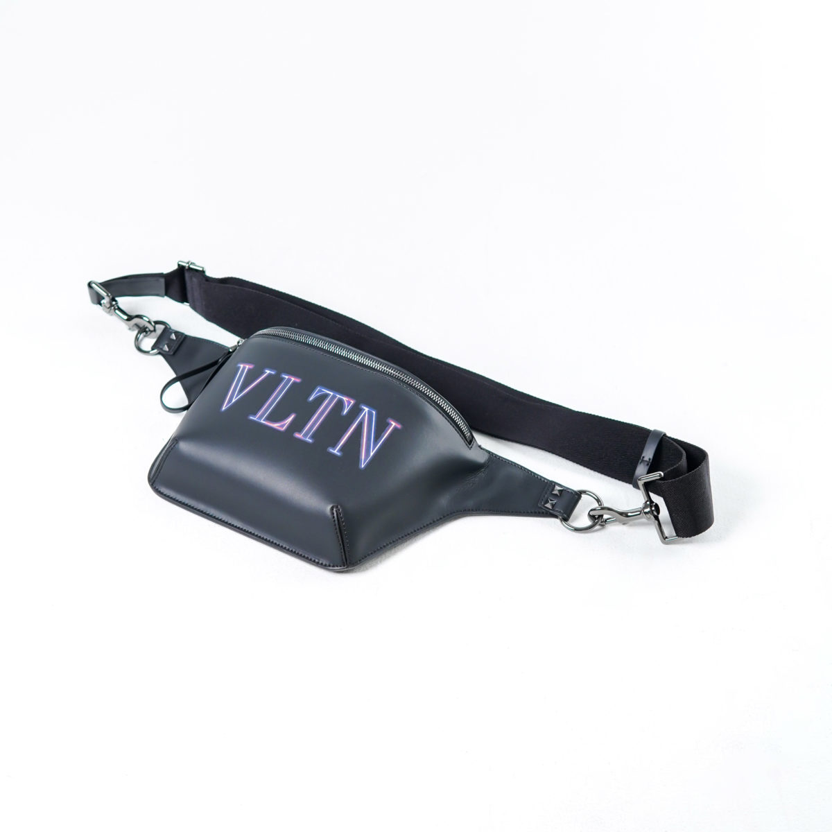 VALENTINO TEXT BLUE MULTI BLACK LEATHER WAIST BAG